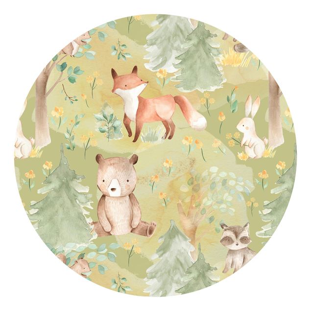 papel de parede com paisagem Rabbit And Fox On Green Meadow
