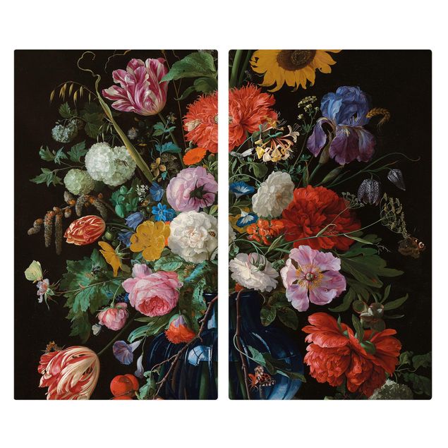 réplicas de quadros famosos Jan Davidsz de Heem - Tulips, a Sunflower, an Iris and other Flowers in a Glass Vase on the Marble Base of a Column