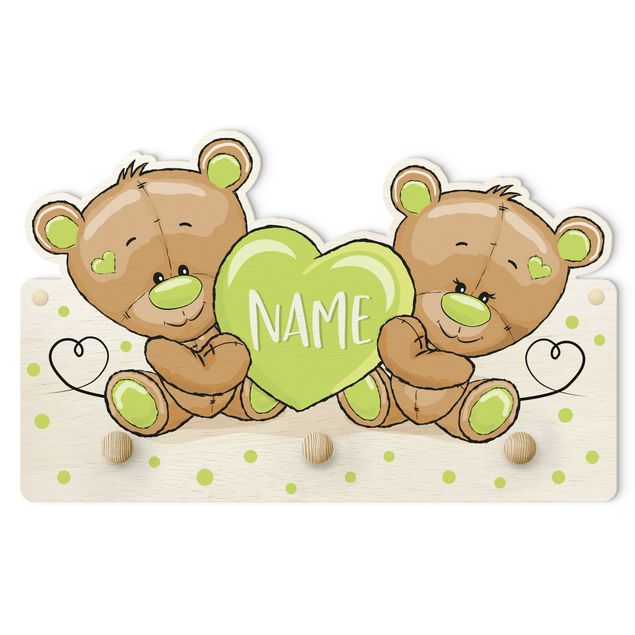 Cabides de parede em verde Heart Bears With Customised Name Green