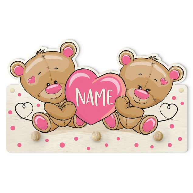 Cabides de parede em rosa Heart Bears With Customised Name Pink