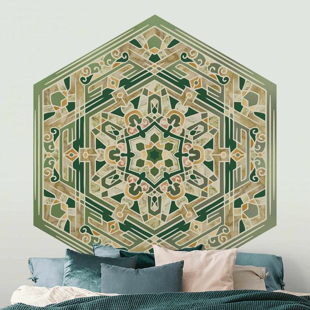 papel de parede floral vintage Hexagonal Mandala In Green With Gold