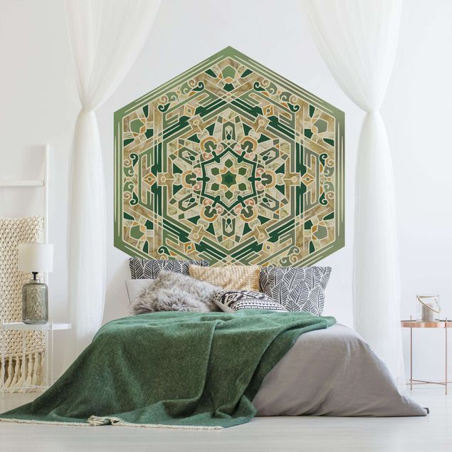 Papel de parede zen Hexagonal Mandala In Green With Gold