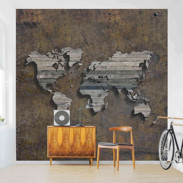 papel de parede para quarto de casal moderno Wooden Grid World Map