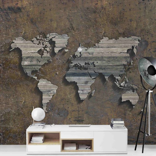 Papel de parede industrial Wooden Grid World Map