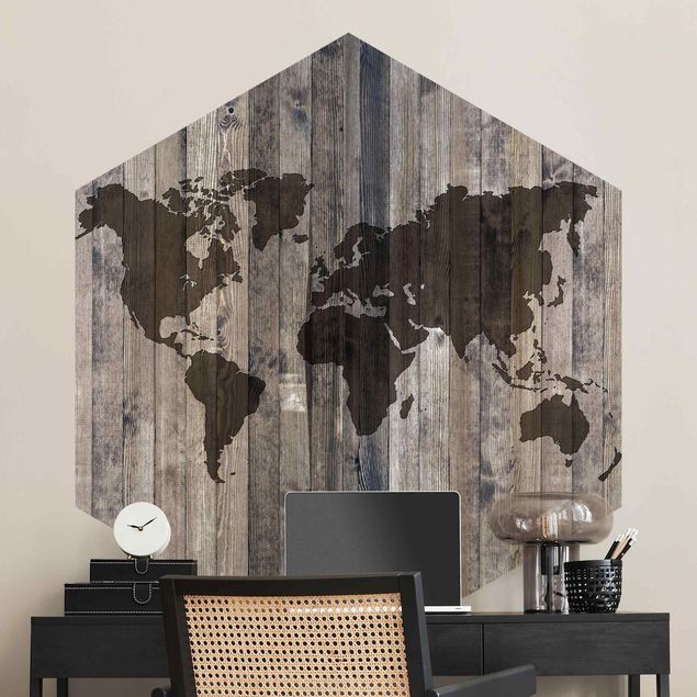 papel de parede imitando madeira Wooden World Map