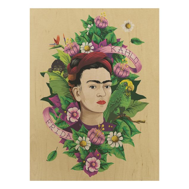 Quadros em madeira flores Frida Kahlo - Frida, Monkey And Parrot