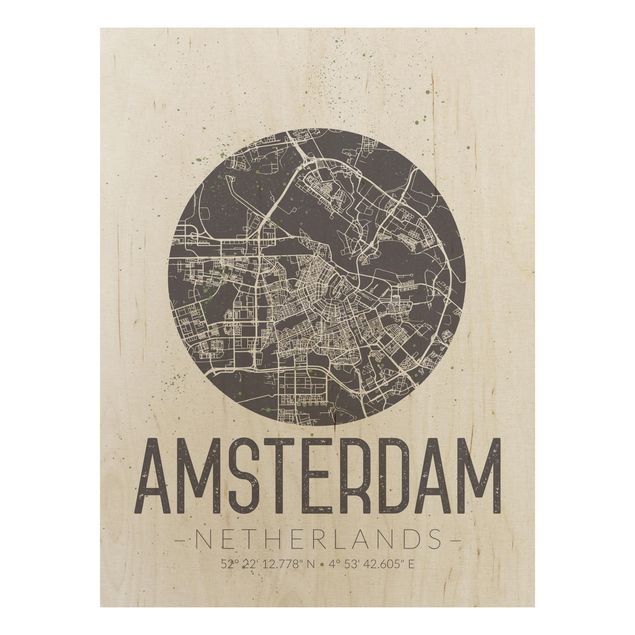 Quadros em madeira frases Amsterdam City Map - Retro