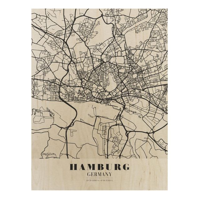 Quadros em madeira frases Hamburg City Map - Classic