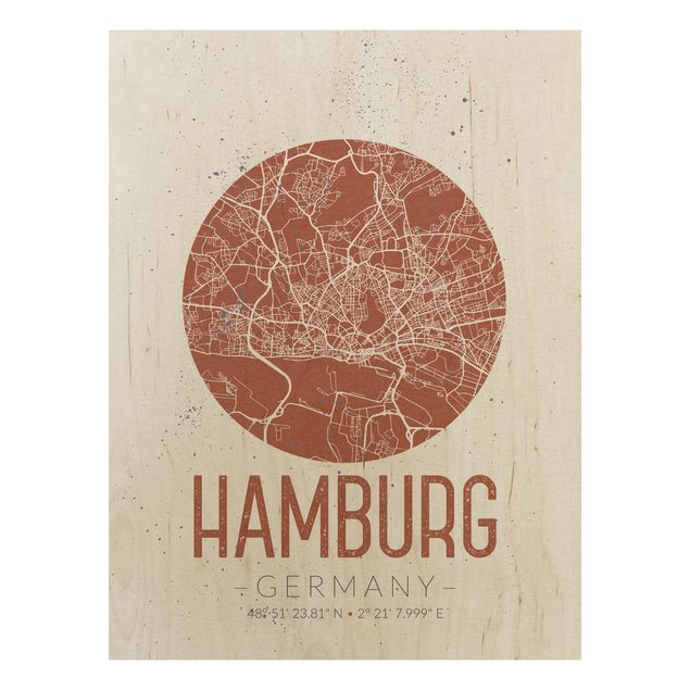 Quadros em madeira frases Hamburg City Map - Retro