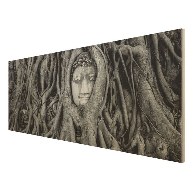 Quadros em madeira paisagens Buddha In Ayutthaya Lined From Tree Roots In Black And White