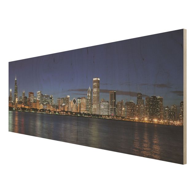 quadro de madeira para parede Chicago Skyline At Night