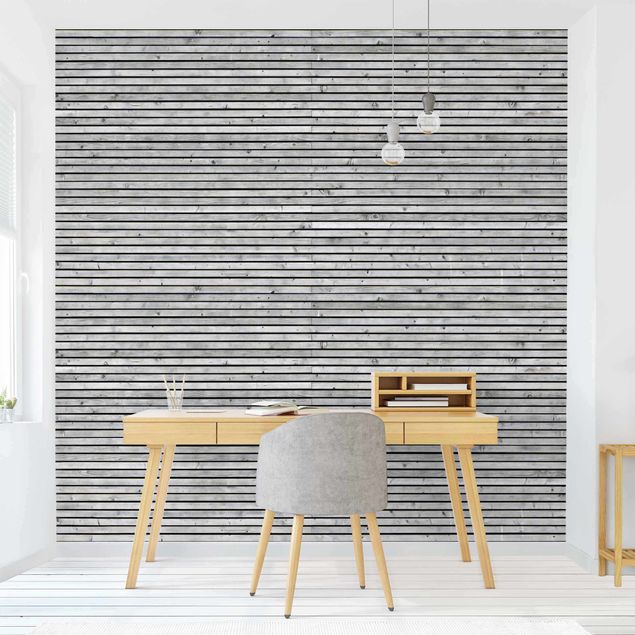 Papel de parede padrões Wooden Wall With Narrow Strips Black And White