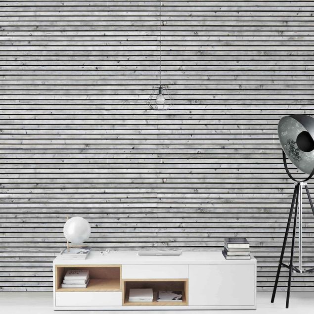 papel de parede moderno Wooden Wall With Narrow Strips Black And White