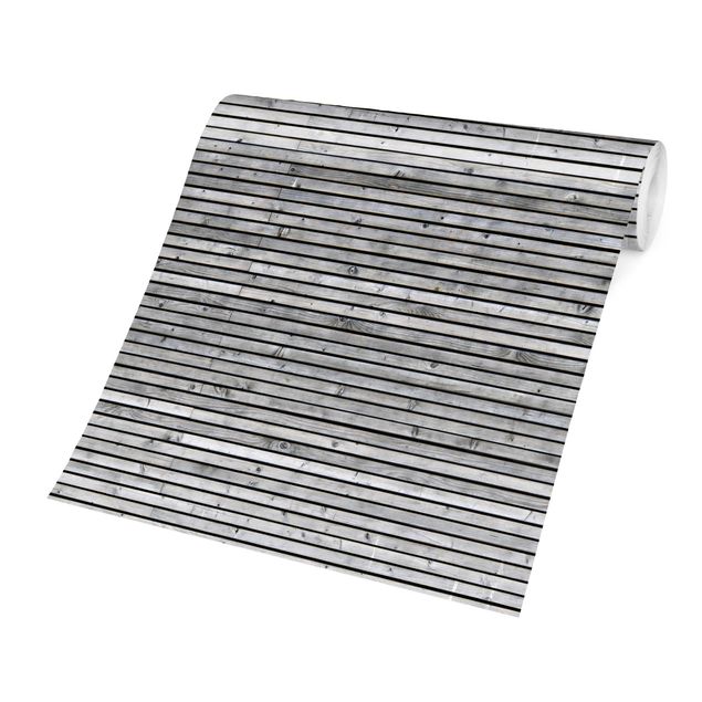 Papel de parede cinza Wooden Wall With Narrow Strips Black And White