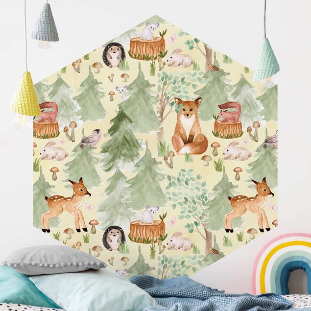 decoração para quartos infantis Hedgehog And Fox With Trees Green