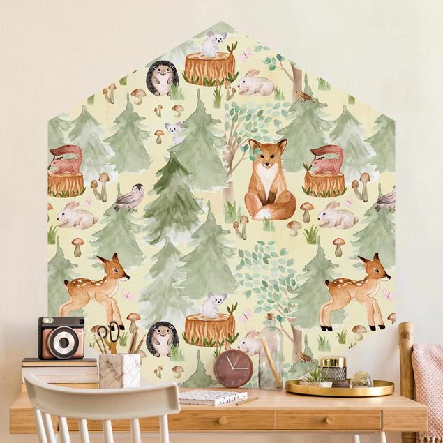 papel parede de floresta Hedgehog And Fox With Trees Green