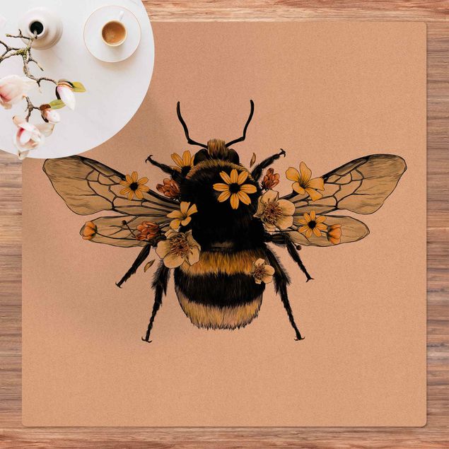 tapetes sala modernos Illustration Floral Bumblebee
