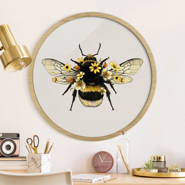 Quadros com moldura animais Illustration Floral Bumblebee