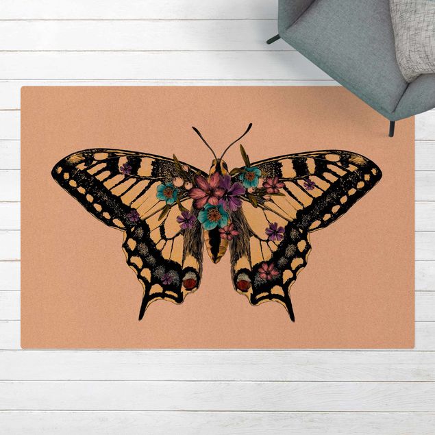 tapete para sala moderno Illustration Floral Swallowtail