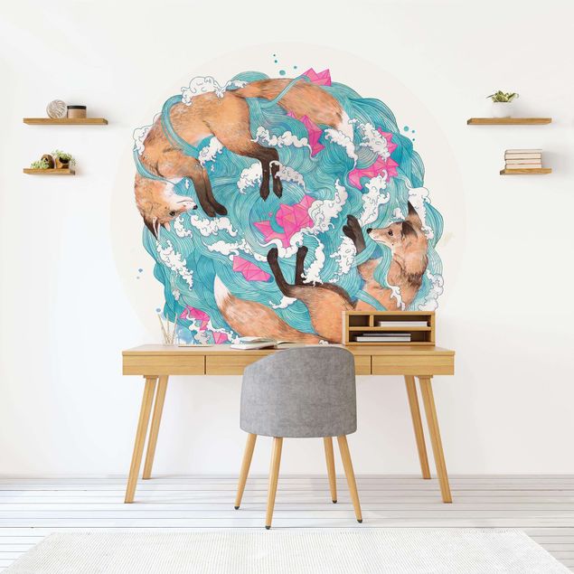 Papel de parede padrões Illustration Foxes And Waves Painting