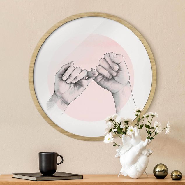 Quadros com moldura em preto e branco Illustration Hands Friendship Circle Pink White