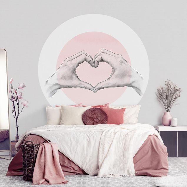 papel de parede para quarto de casal moderno Illustration Heart Hands Circle Pink White