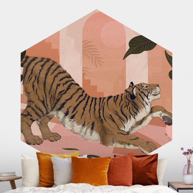 decoraçao para parede de cozinha Illustration Tiger In Pastel Pink Painting
