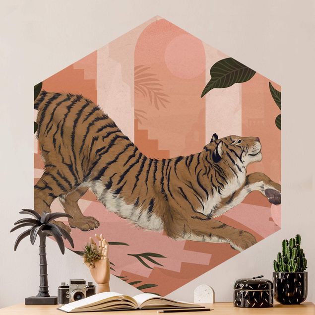 Papel de parede tigres Illustration Tiger In Pastel Pink Painting