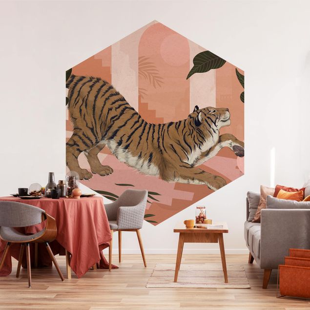 papel de parede para quarto de casal moderno Illustration Tiger In Pastel Pink Painting