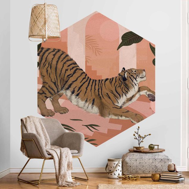 papel de parede com animais Illustration Tiger In Pastel Pink Painting
