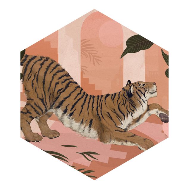 papel parede rosa Illustration Tiger In Pastel Pink Painting