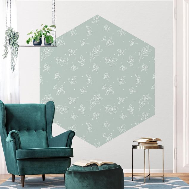 papel de parede moderno Illustrated Leaves Pattern Pastel Green