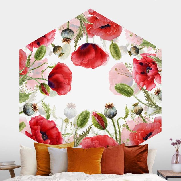Papel de parede papoilas Illustrated Poppies