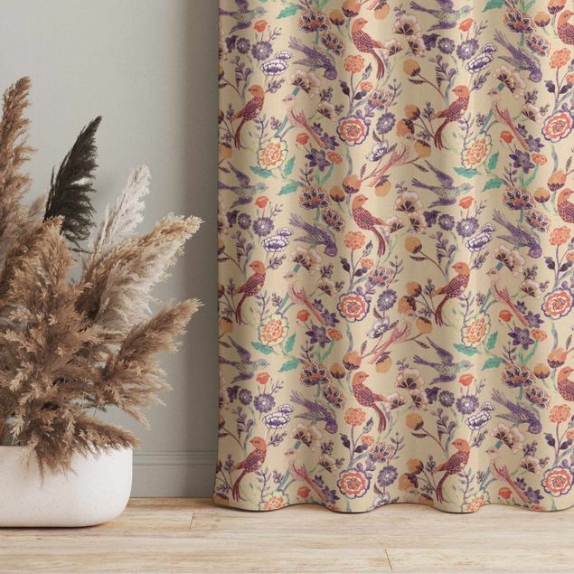 cortinas à medida Indian Pattern Birds with Flowers Beige
