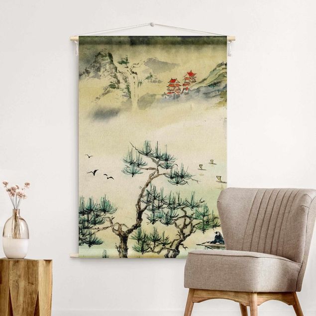 Tapeçaria de parede da natureza Japanese Watercolour Drawing Pine Tree And Mountain Village