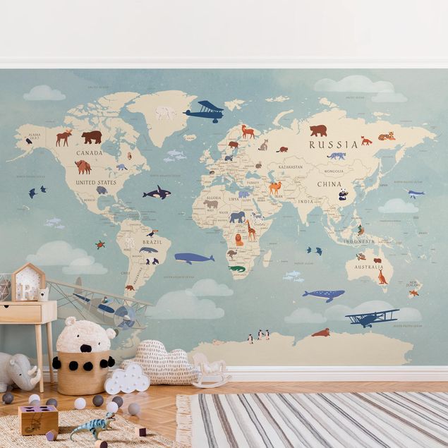 papel de parede para quarto de casal moderno Map With With Animals Of The World