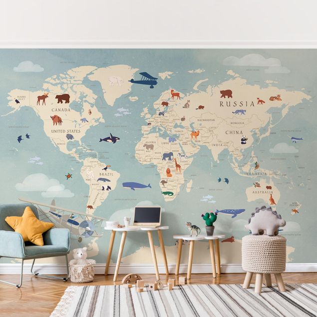decoração quarto bebé Map With With Animals Of The World