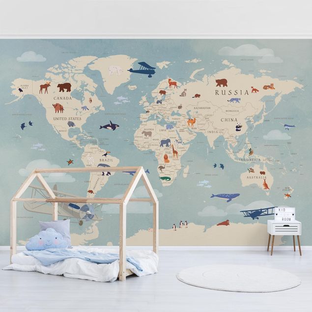 papel parede vintage Map With With Animals Of The World