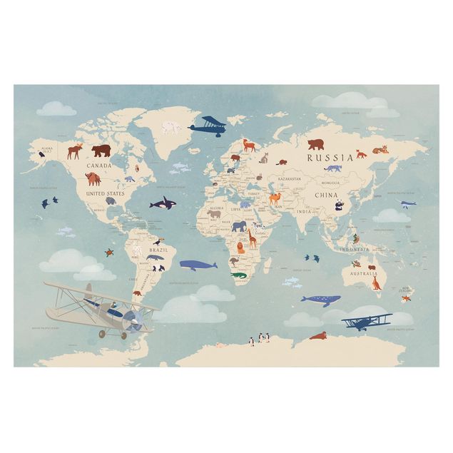 mural para parede Map With With Animals Of The World