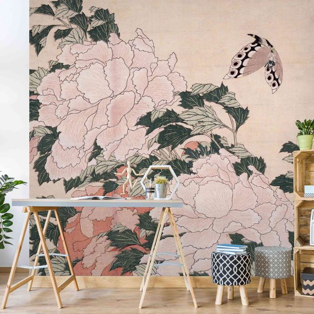 papéis de parede com borboletas Katsushika Hokusai - Pink Peonies With Butterfly