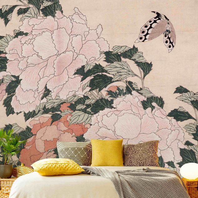 Quadros por movimento artístico Katsushika Hokusai - Pink Peonies With Butterfly