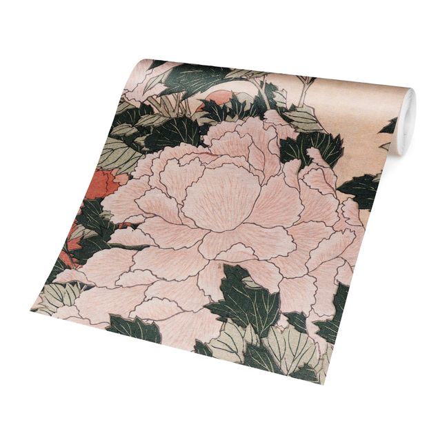 papel de parede floral vintage Katsushika Hokusai - Pink Peonies With Butterfly