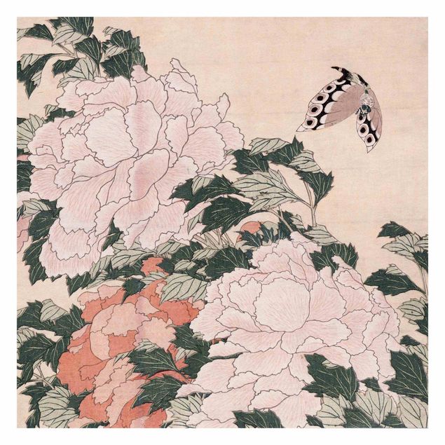 papel de parede moderno para sala Katsushika Hokusai - Pink Peonies With Butterfly