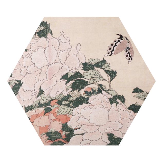 Quadros famosos Katsushika Hokusai - Pink Peonies With Butterfly