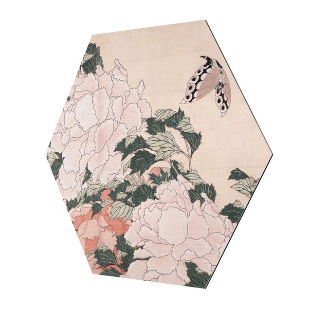 Quadros rosas Katsushika Hokusai - Pink Peonies With Butterfly