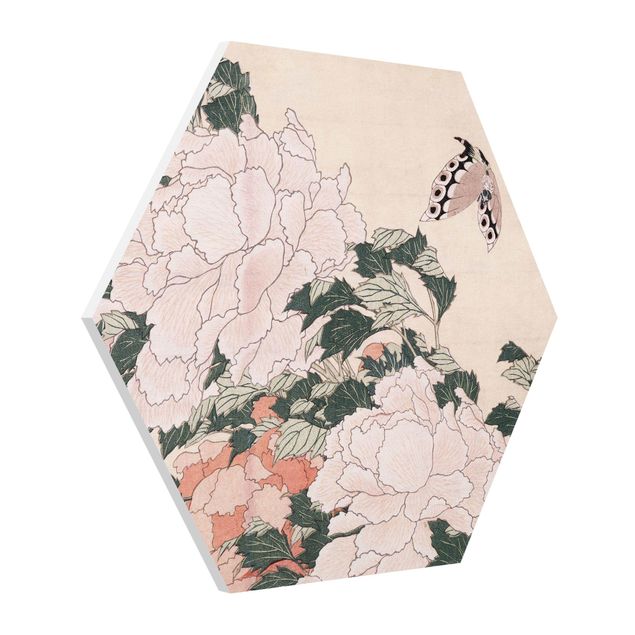 quadro com flores Katsushika Hokusai - Pink Peonies With Butterfly