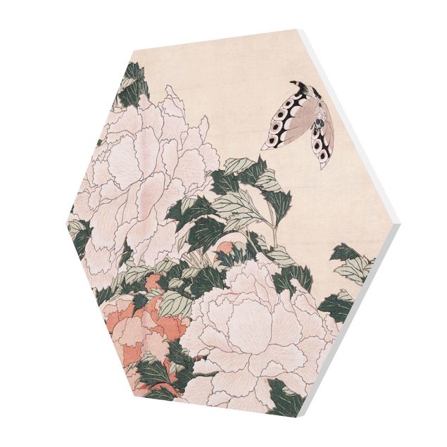 Quadros forex Katsushika Hokusai - Pink Peonies With Butterfly