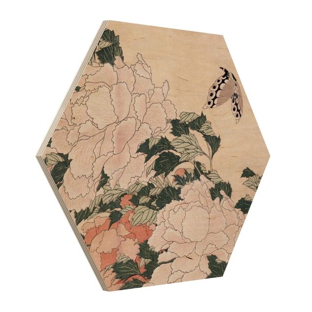 Quadros florais Katsushika Hokusai - Pink Peonies With Butterfly