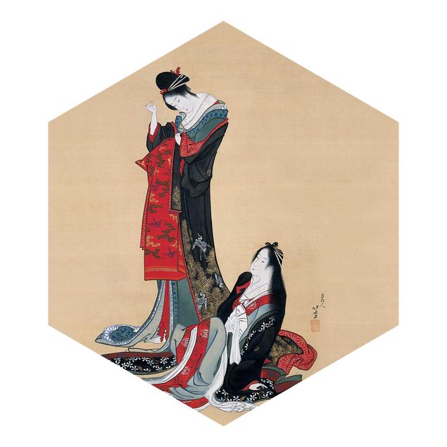 papel parede bege Katsushika Hokusai - Two Courtesans