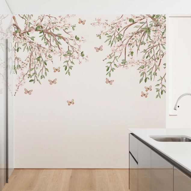papel de parede moderno para sala Cherry blossom in the butterflies' play of wings